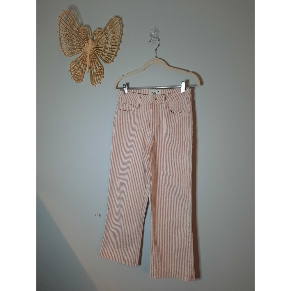 Paige Pink White Striped‎ Cotton Denim Straight Women's Jeans